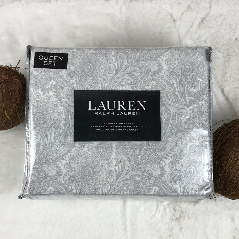 Lauren RALPH LAUREN (White/Gray Sketch Print) 100% Cotton QUEEN Sheet Set - Picture 3 of 5
